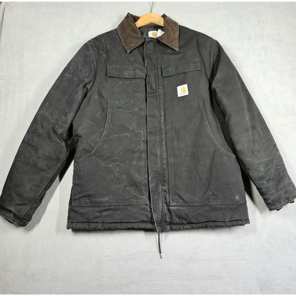 VTG Carhartt C01 Chore Coat Jacket 44 Made in USA Black Quilted Lined Distressed - Picture 1 of 16